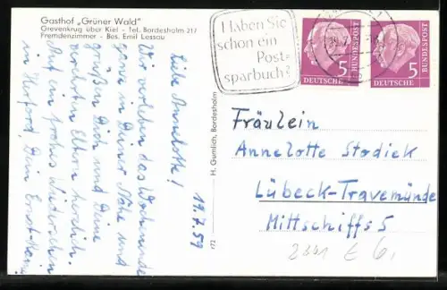 AK Grevenkrug /Kiel, Gasthof Grüner Wald, Inh. Emil Lessau