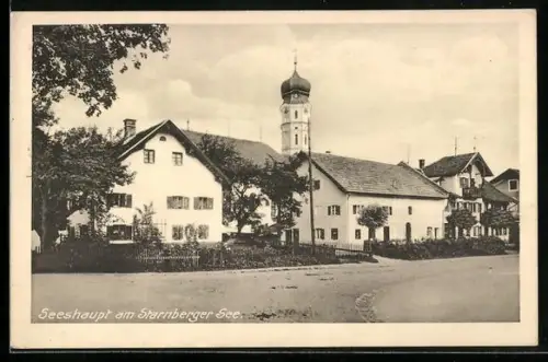 AK Seeshaupt am Starnberger See, Ortspartie mit Kirche und Wohnhäusern