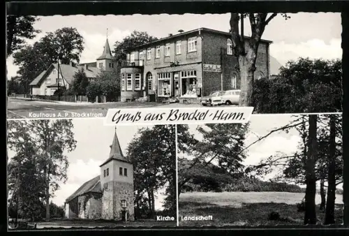 AK Brockel /Hann., Kaufhaus A. P. Stockstrom, Kirche, Landschaft