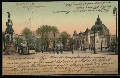 AK Frankfurt a. M., Partie am Schauspielhaus, Denkmal, Strassenbahn