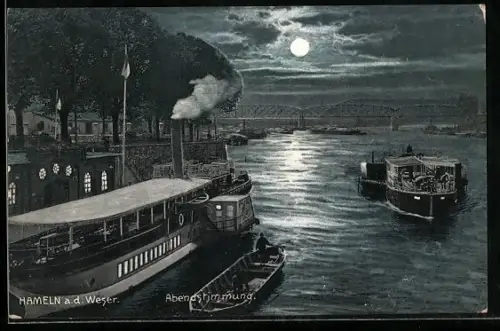 AK Hameln a. d. Weser, Abendstimmung an der Weser mit Dampfer und Brücke, Mond
