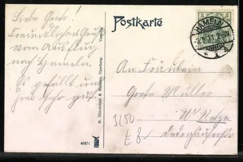 AK Hameln a. d. Weser, Abendstimmung an der Weser mit Dampfer und Brücke, Mond