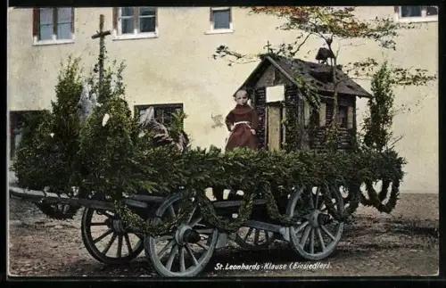 AK Bad Tölz, St. Leonhards-Klause (Einsiedelei), Festwagen mit kleinem Mönch und Kapelle