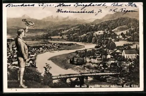AK Bad Tölz, Panorama mit Isarbrücke und Kirche