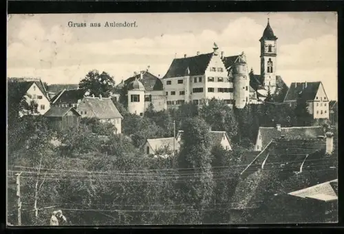 AK Aulendorf, Ortspanorama mit Turmen aus der Vogelschau