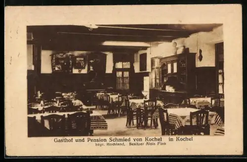 AK Kochel, Gasthof und Pension Schmied von Kochel, Besitzer Alois Fink, Innenansicht