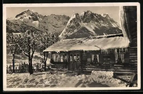 AK Garmisch, Café Almhütte, Winterlandschaft, Alpenpanorama