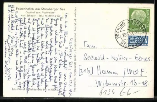 AK Possenhofen /Starnbergersee, Flugzeugaufnahme, Gasthof Schauer / zum Fischmeister, Segelboote, Uferansicht