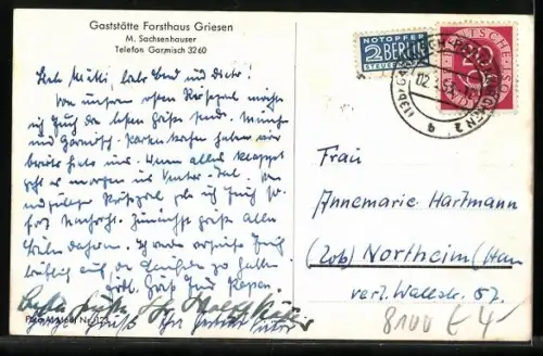 AK Griesen /Garmisch, Gasthaus Forsthaus Griesen, Inh. M. Sachsenhauser