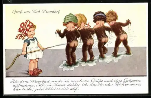 AK Bad Nenndorf, Kinder im Moorbad mit Wasserschlauch