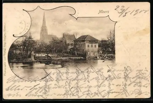 AK Moers, Stadtansicht mit Kirche und See