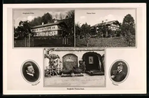 AK Rottach am Egernsee, Ganghofer u. Thoma: Portraits, Häuser, Gräber