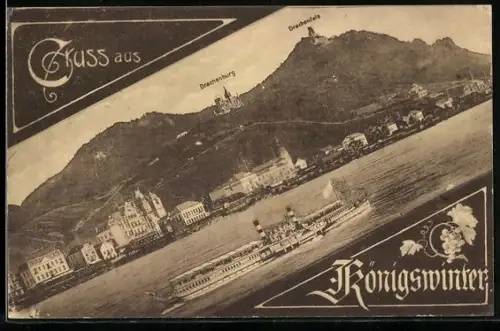AK Königswinter, Drachenfels, Drachenburg, Rheinpartie mit Dampfer