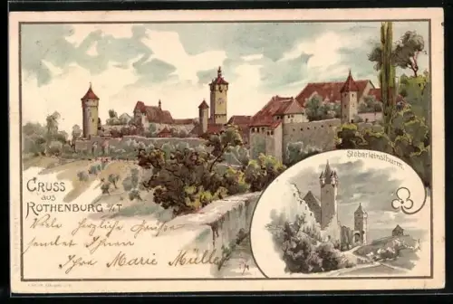 Lithographie Rothenburg o. T., Stadtmauer, Türme, Stöberleinsturm