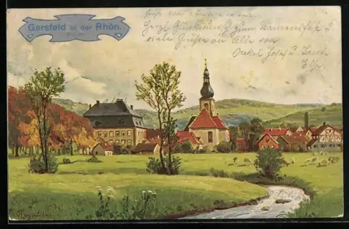 Künstler-AK Gersfeld in der Rhön, Ortsansicht, Flusspartie