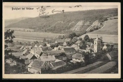 AK Buchfart bei Weimar, Ortsansicht mit Kirche und umliegender Landschaft