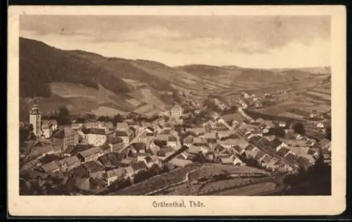 AK Gräfenthal /Thür., Ortsansicht, Kirche, umliegende Landschaft