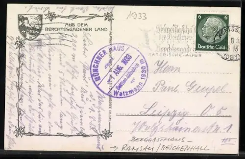 AK Ramsau /Reichenhall, Berggasthaus Falzalm mit kleinem Watzmann am Weg zum Watzmannhaus