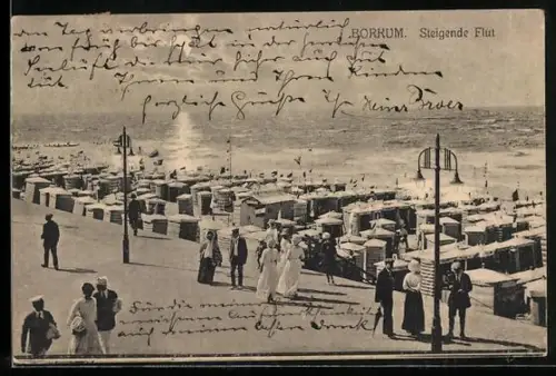 AK Borkum, Steigende Flut, Strand mit Badegästen und Strandkörben