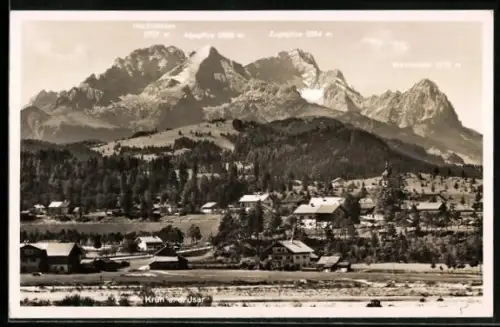 AK Krün a. d. Isar, Ortsansicht mit Alpenpanorama