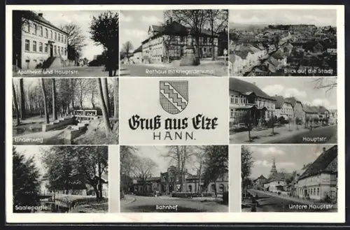 AK Elze /Hann., Apotheke und Hauptstr., Rathaus mit Kriegerdenkmal, Bahnhof, Saalepartie, Lindenweg