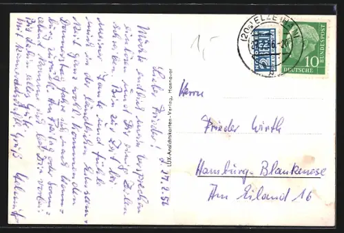 AK Elze /Hann., Apotheke und Hauptstr., Rathaus mit Kriegerdenkmal, Bahnhof, Saalepartie, Lindenweg