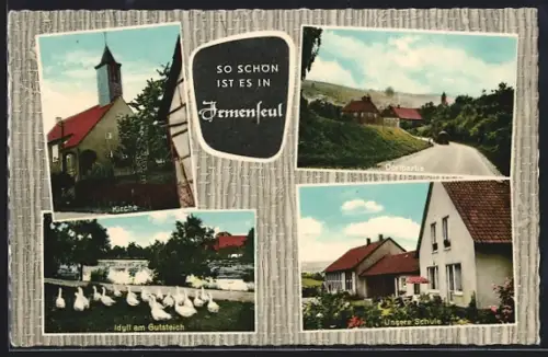 AK Irmenseul, Kirche, Dorfpartie, Idylle am Gutsteich, Schule