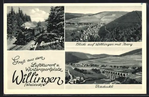 AK Willingen /Waldeck, Viadukt, Blick auf Willingen mit Iberg, Dampflok