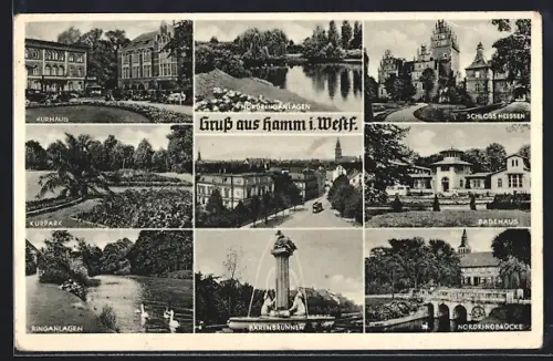 AK Hamm i. Westf., Kurhaus, Schloss Heessen, Bärenbrunnen, Kurpark, Badehaus, Nordringbrücke