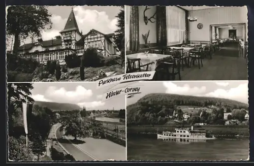 AK Höxter-Corvey, Restaurant Felsenkeller, Weserpartie, Dampfer, Restaurant-Innenansicht