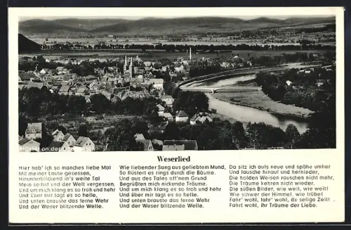 AK Höxter an der Weser, Panorama, Wehr, Strophen des Weserlieds