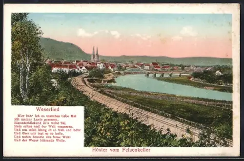 AK Höxter, Blick vom Felsenkeller auf Stadt, Weser und Brücke