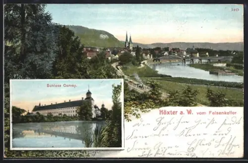 AK Höxter a. W., Felsenkeller, Schloss Corvey, Stadtansicht mit Weser