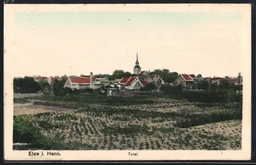 AK Elze i. Hann., Totalansicht des Ortes mit Kirche und Feldern