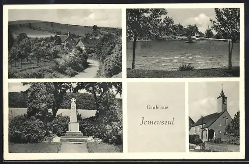 AK Irmenseul, Kirche, Kriegerdenkmal, Weiher, Ortsansicht