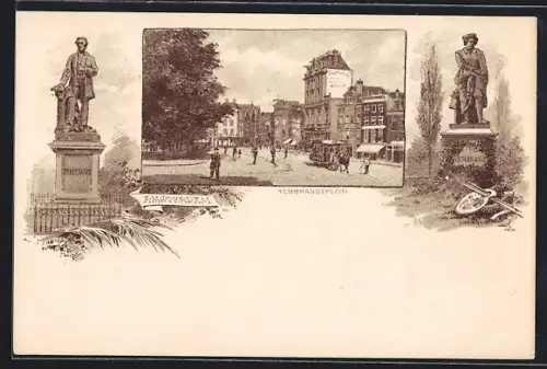 Lithographie Amsterdam, Rembrandtplein, Pferdebahn