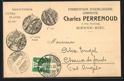 Künstler-AK Bienne, Charles Perrenoud, Fabrication d`Horlogerie Garantie, 3, Rue Thellung, Montres Ultra-Plates