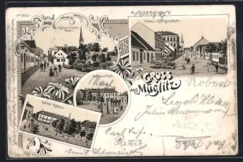 Lithographie Müglitz, Hotel zur Post, Hotel Köhler, Volks- u. Bürgerschule