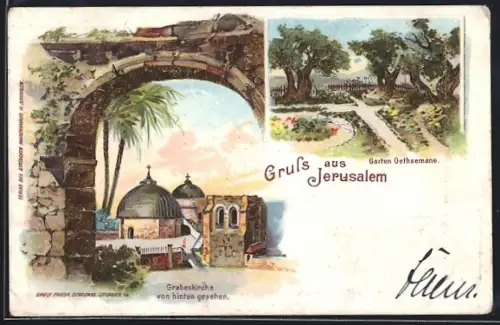 Lithographie Jerusalem, Garten Gethsemane, Grabeskirche von hinten gesehen um 1900