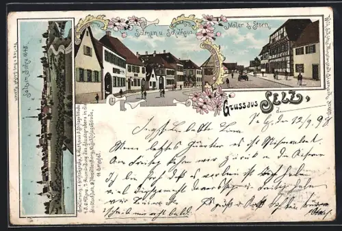 Lithographie Selz, Gasthaus zum Stern Maler, Salmen und Schulhaus, Teilansicht