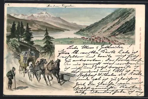 Lithographie Sils, Teilansicht mit Postkutsche, Im Hintergrund Piz Margna