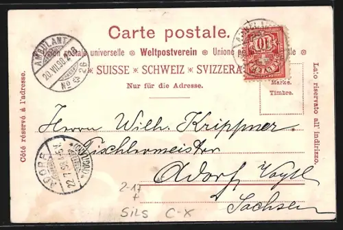 Lithographie Sils, Teilansicht mit Postkutsche, Im Hintergrund Piz Margna