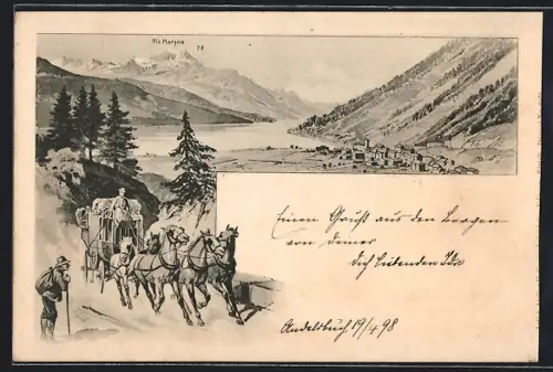 Lithographie Sils, Teilansicht mit Postkutsche, Im Hintergrund Piz Margna