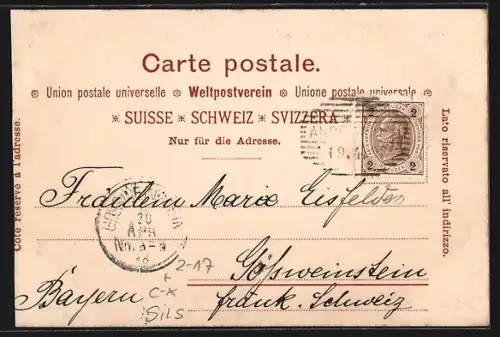 Lithographie Sils, Teilansicht mit Postkutsche, Im Hintergrund Piz Margna