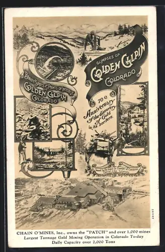 Künstler-AK Gilpin County, 70th Anniversary of the discovery of Gold in its borders, Golden Gilpin, Chain o`Mines