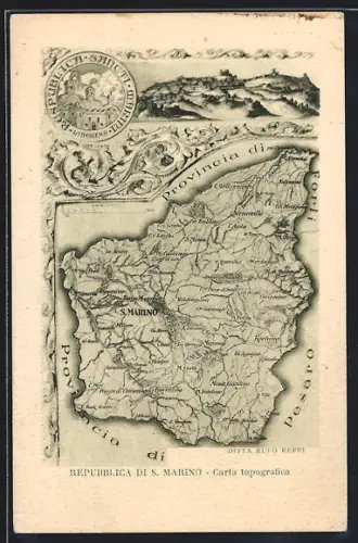 Künstler-AK S. Marino, Landkarte mit Fiorentino, M. Olivo & la Serra