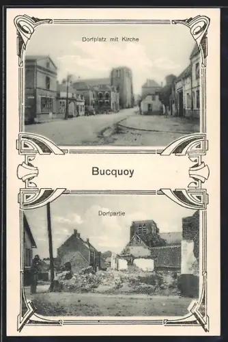 AK Bucquoy, Dorfplatz mit Kirche, Dorfpartie