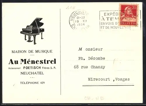 Künstler-AK Neuchatel, Au Ménestrel, Maison de Musique, Foetisch Frères S. A.