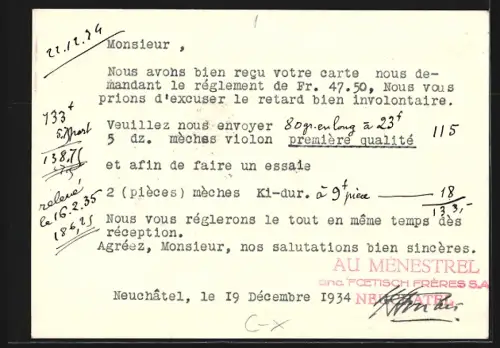 Künstler-AK Neuchatel, Au Ménestrel, Maison de Musique, Foetisch Frères S. A.