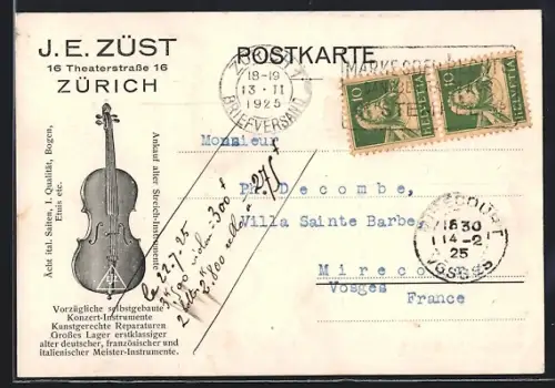 Künstler-AK Zürich, J. E. Züst, Theaterstrasse 16, Violine